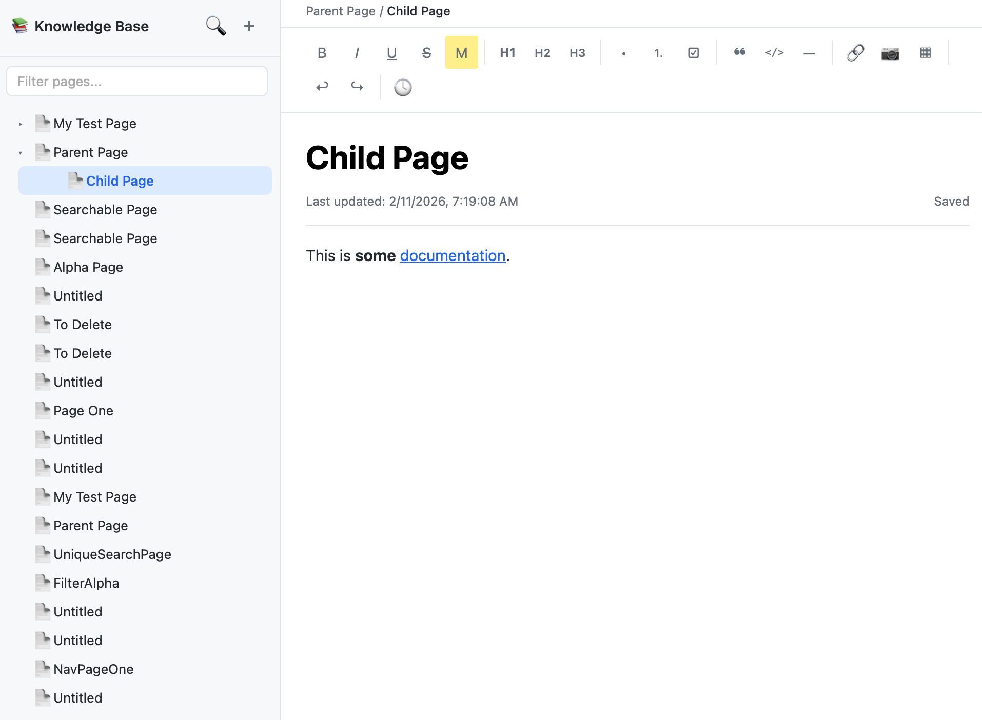 The Confluence clone showing hierarchical page tree and rich text editor
