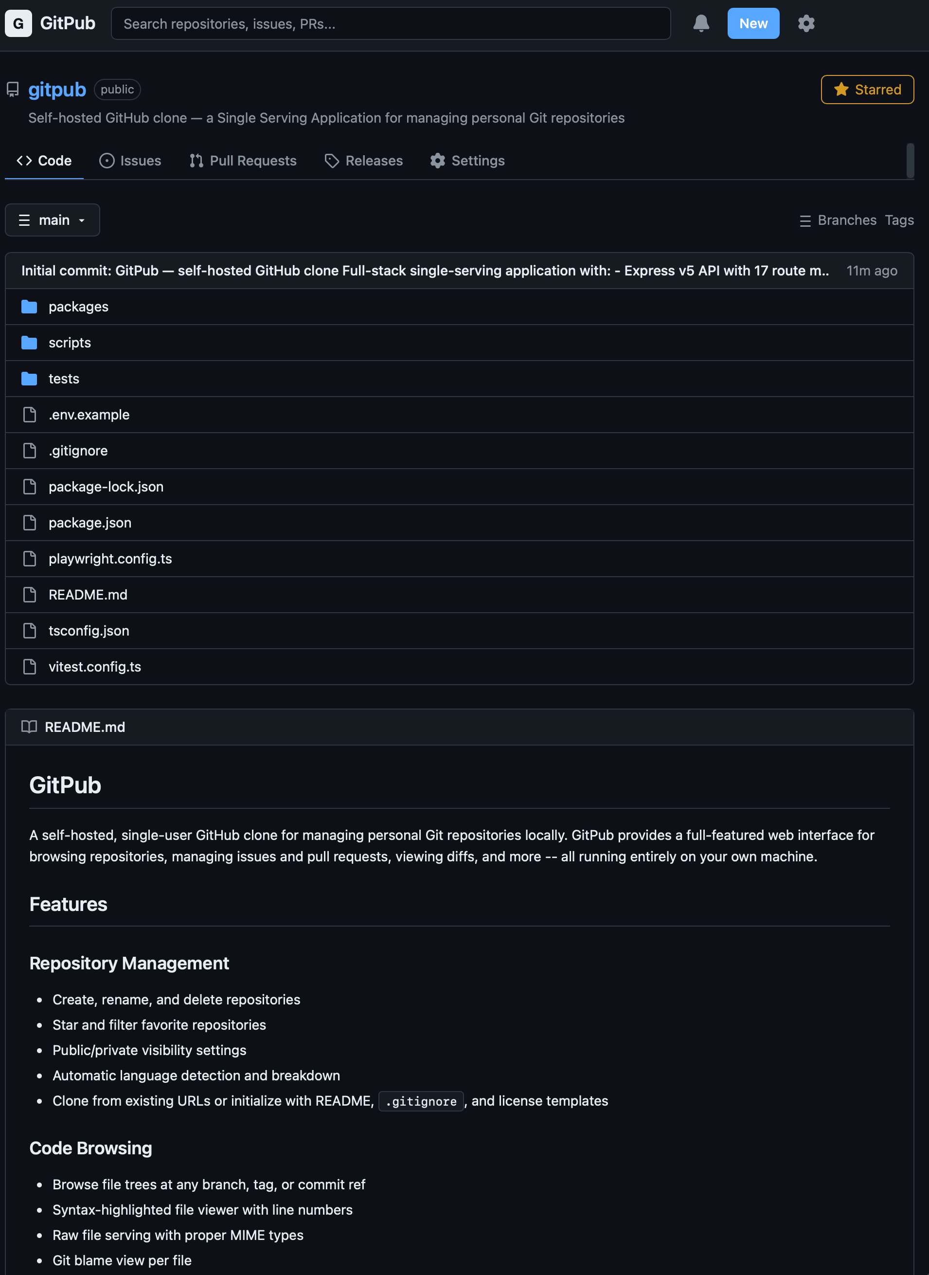 GitPub showing a repository README with file tree and syntax highlighting