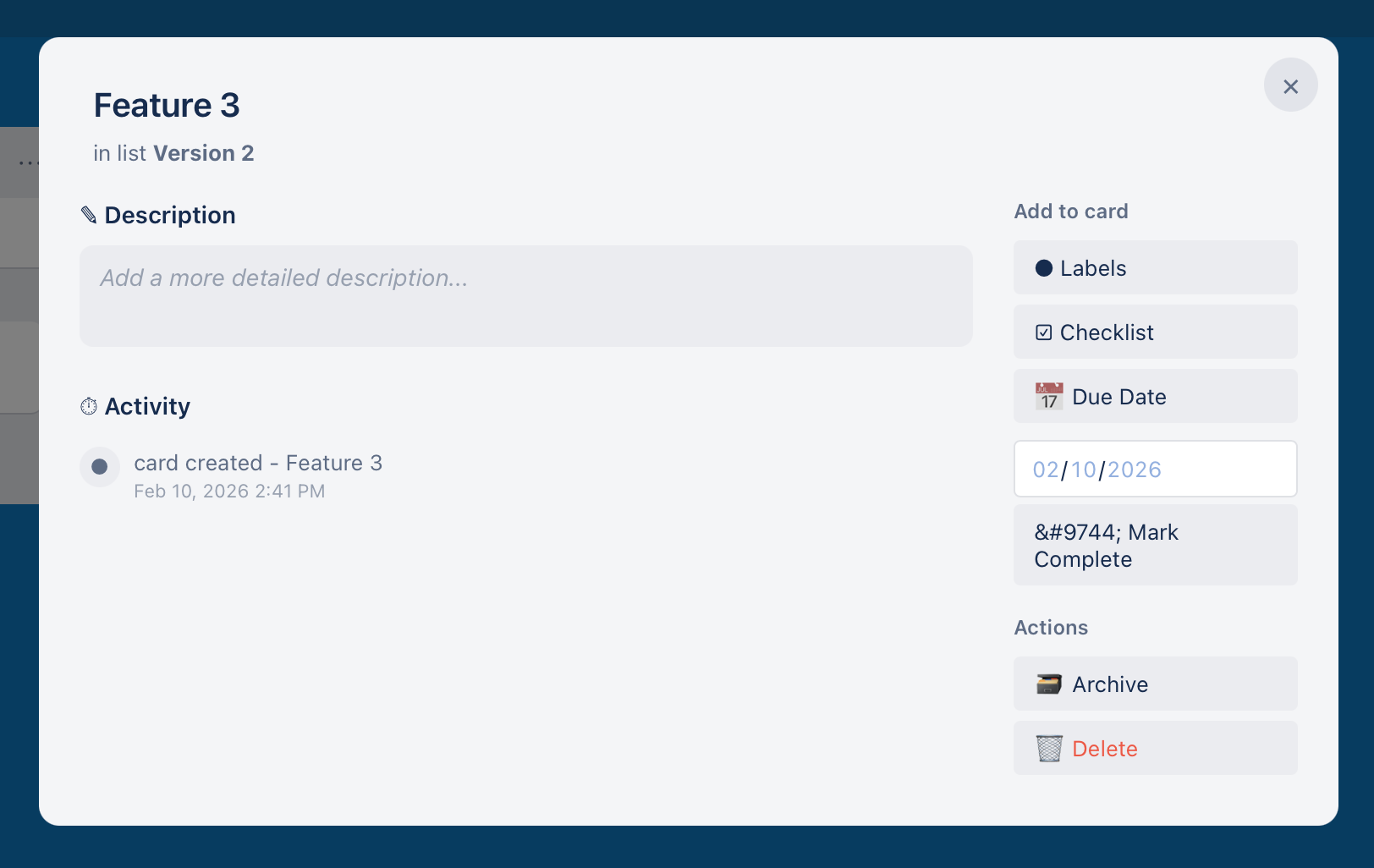 Card detail modal showing description, labels, checklists, due dates, and activity log